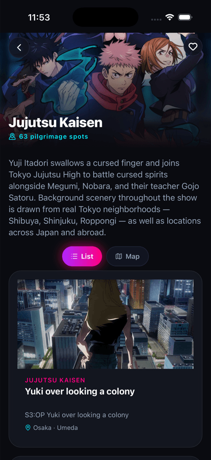 Jujutsu Kaisen series detail with pilgrimage spots