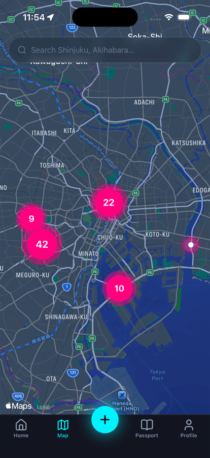 Live map with clustered pilgrimage spots across Tokyo